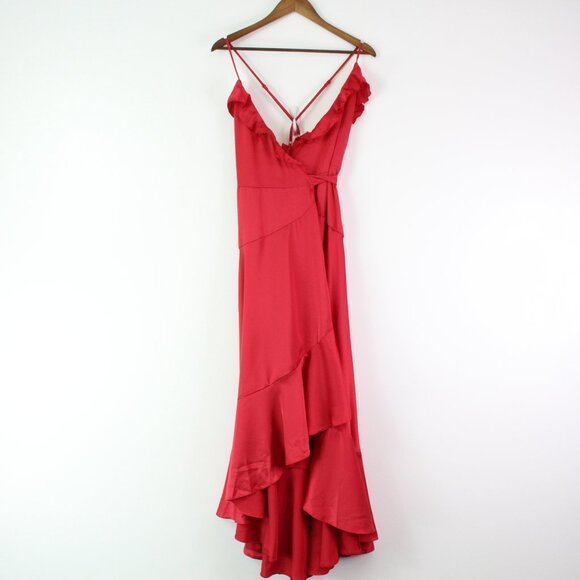 Nasty Gal Satin Ruffle Wrap Maxi Dress Red‎ Size 12 - Picture 2 of 7